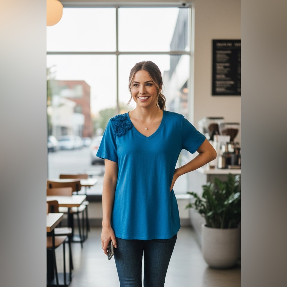 Lane Bryant Blue V-Neck Top with Floral Detail